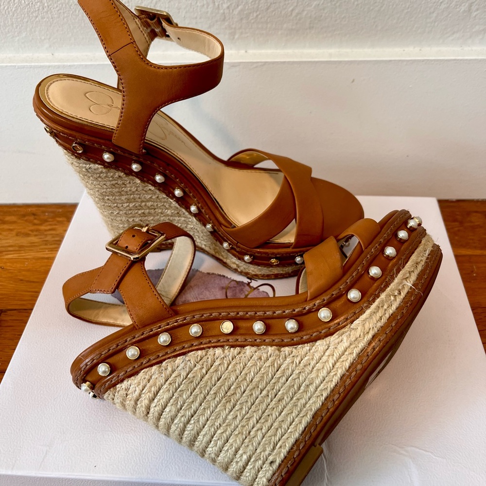 Jessica Simpson nude wedge sandals with PEARLS